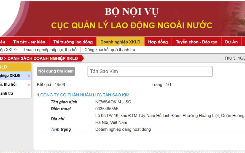 Tra cứu công ty có giấy phép tại Website Bộ LĐTB&XH